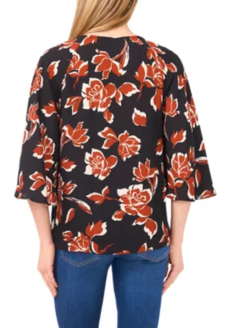 Women's 3/4 Bell Sleeve Tie Neck Blouse