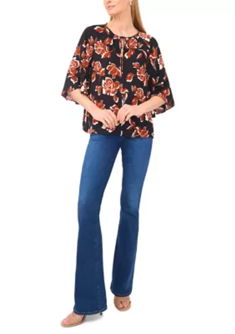 Women's 3/4 Bell Sleeve Tie Neck Blouse