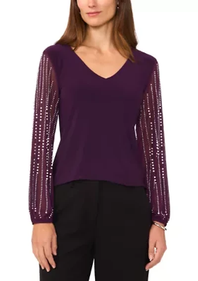 Women's Long Sleeve Crew Neck Mixed Media Top