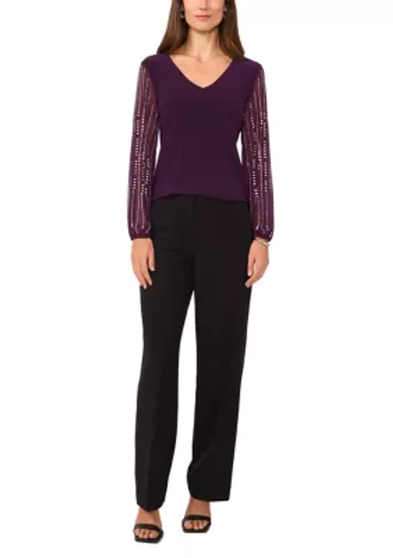 Women's Long Sleeve Crew Neck Mixed Media Top