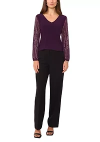 Women's Long Sleeve Crew Neck Mixed Media Top