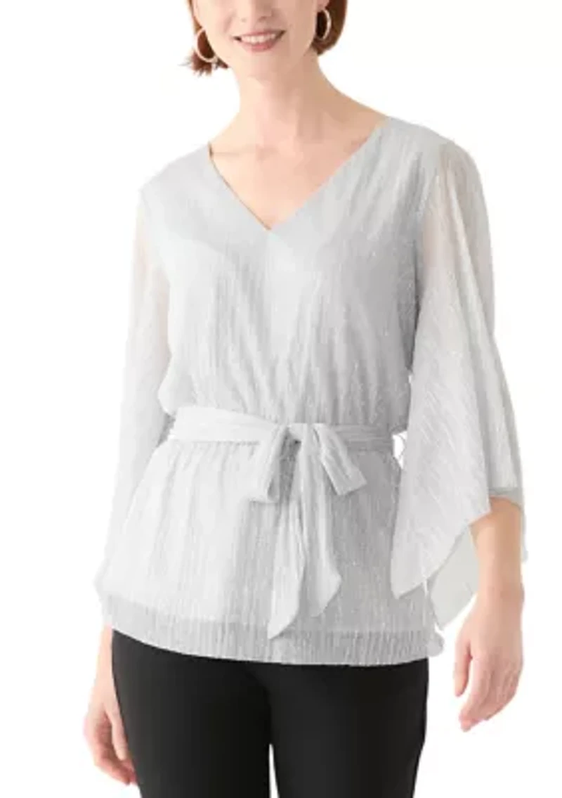 Women's 3/4 Sleeve Tie Waist Lame Top