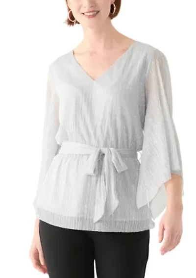 Women's 3/4 Sleeve Tie Waist Lame Top