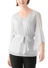 Women's 3/4 Sleeve Tie Waist Lame Top