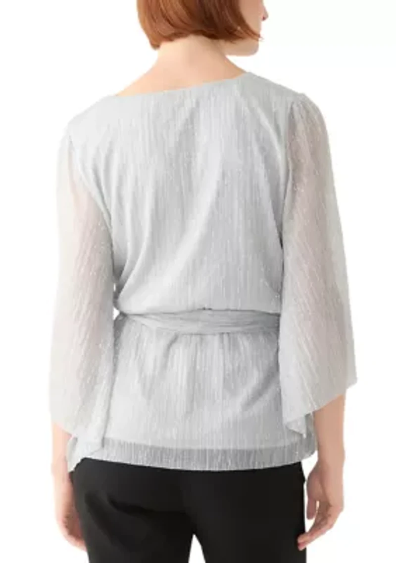 Women's 3/4 Sleeve Tie Waist Lame Top