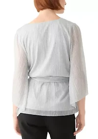 Women's 3/4 Sleeve Tie Waist Lame Top