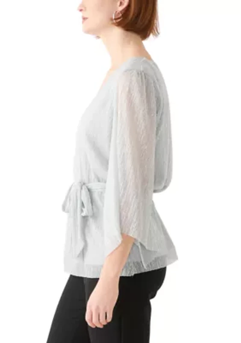 Women's 3/4 Sleeve Tie Waist Lame Top