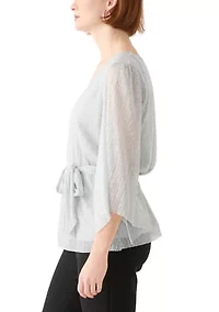 Women's 3/4 Sleeve Tie Waist Lame Top