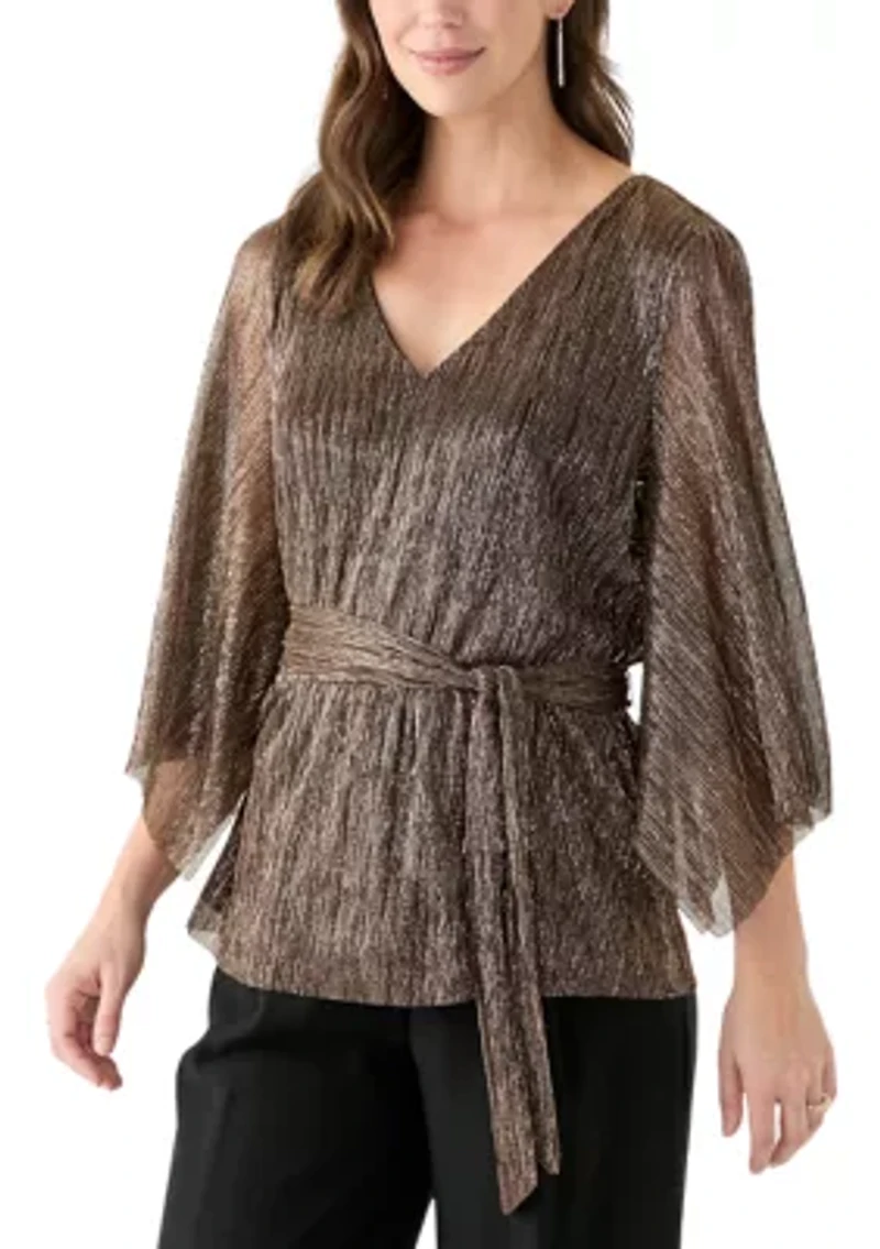 Women's 3/4 Sleeve Tie Waist Lame Top