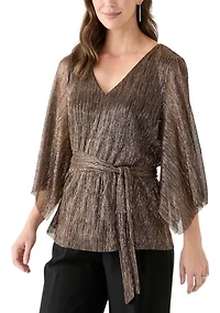 Women's 3/4 Sleeve Tie Waist Lame Top
