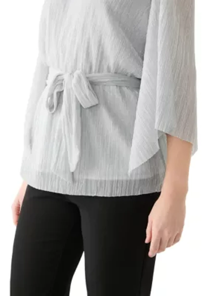 Women's 3/4 Sleeve Tie Waist Lame Top