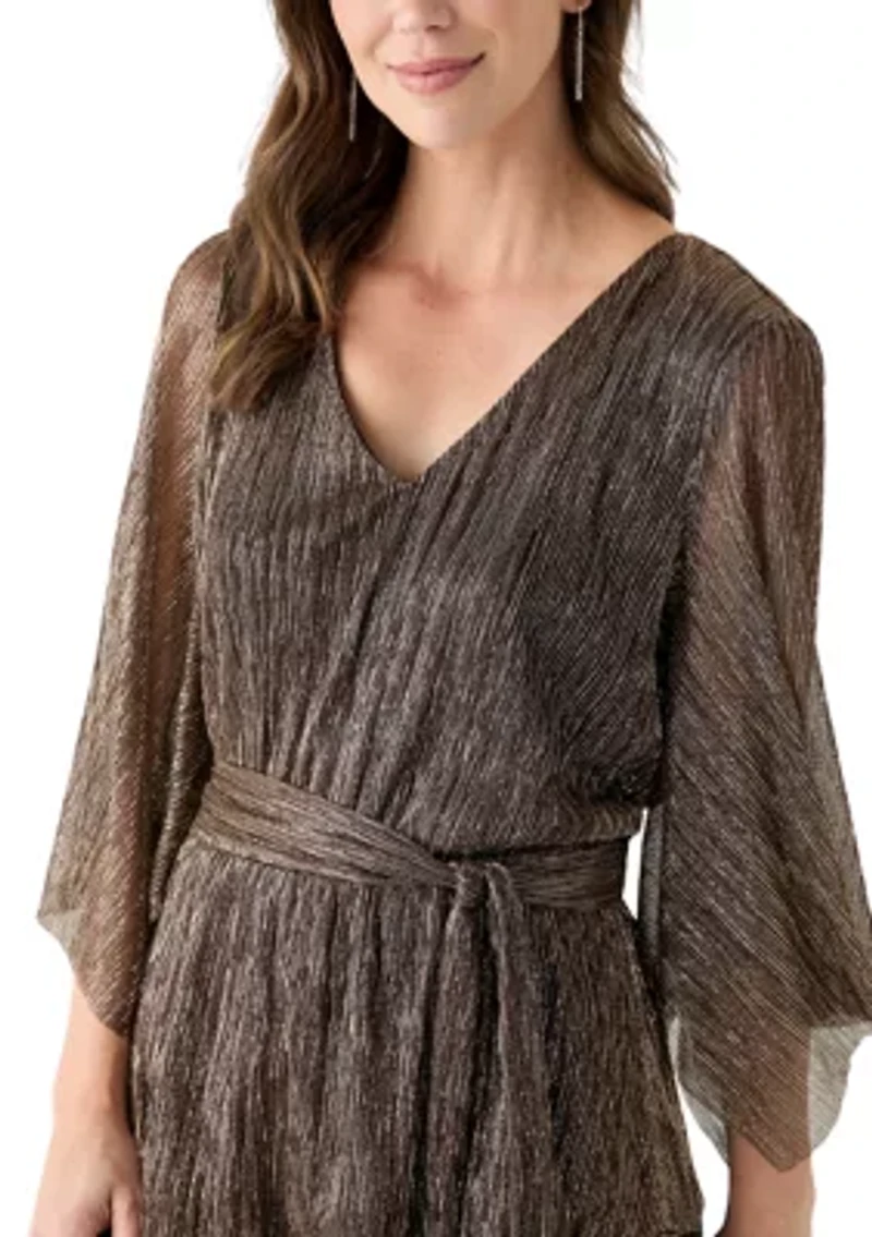 Women's 3/4 Sleeve Tie Waist Lame Top