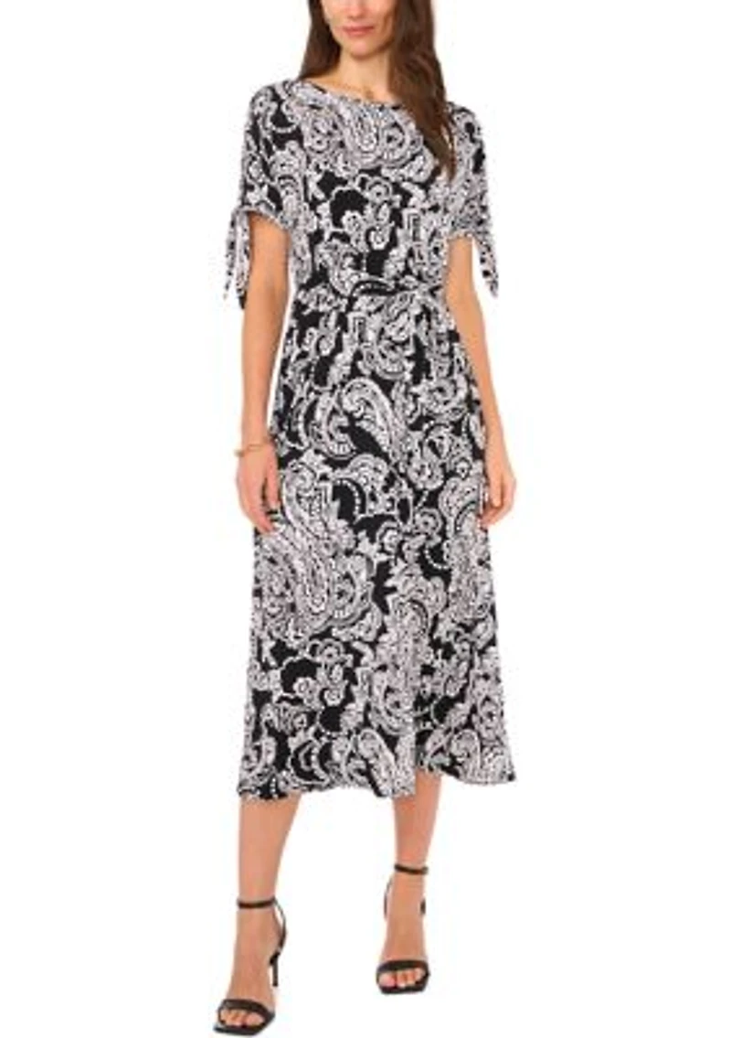 Women's Short Tie Sleeve Printed Midi Dress