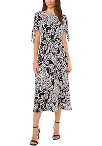 Women's Short Tie Sleeve Printed Midi Dress