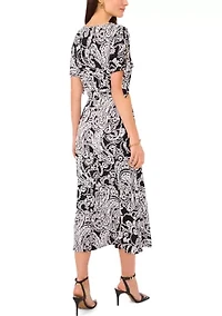 Women's Short Tie Sleeve Printed Midi Dress