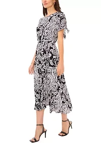 Women's Short Tie Sleeve Printed Midi Dress