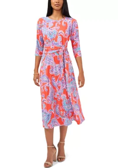 Women's 3/4 Sleeve Printed Tie Front Midi Dress