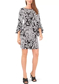 Women's 3/4 Printed Bell Sleeve Mini Dress