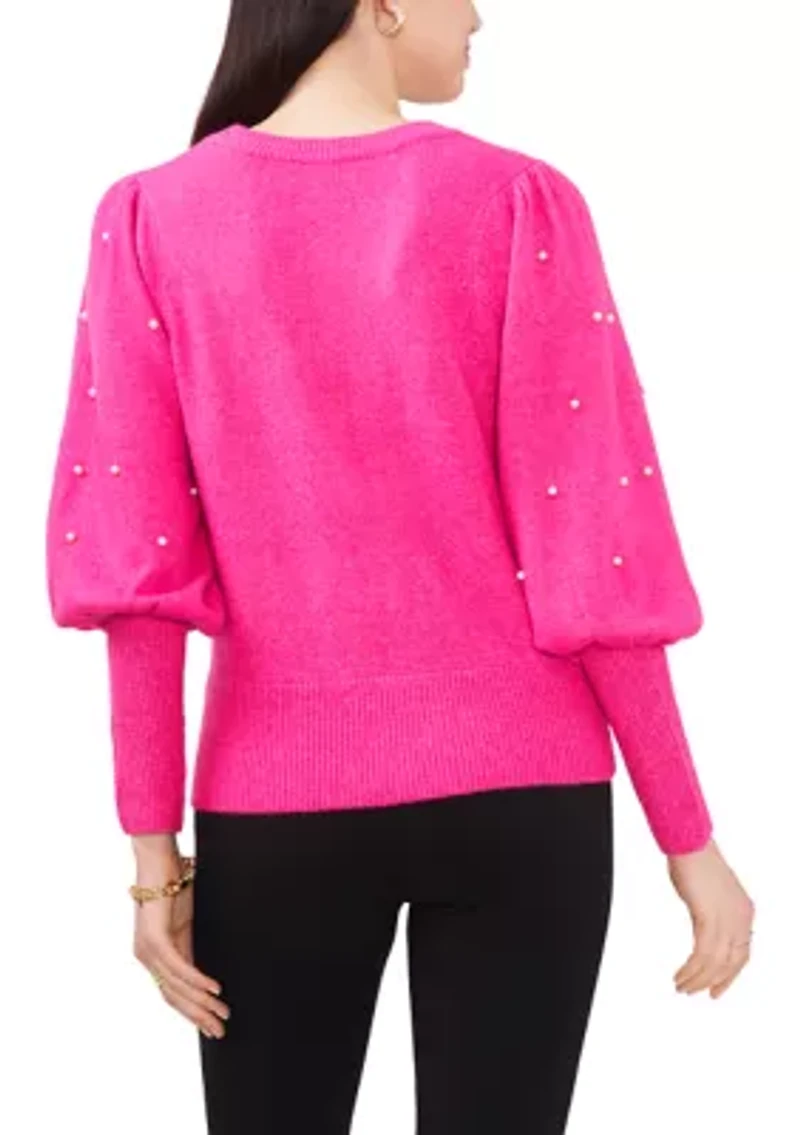 Women's Puff Sleeve Sweater with Pearl Sleeves