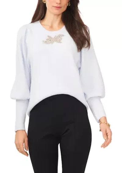 Women's Balloon Sleeve Sweater with Brooch