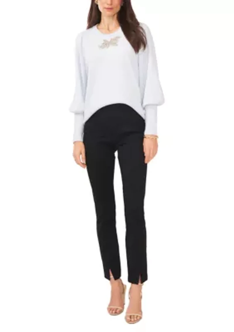 Women's Balloon Sleeve Sweater with Brooch