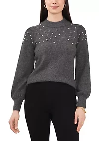 Women's Puff Sleeve Sweater with Pearls