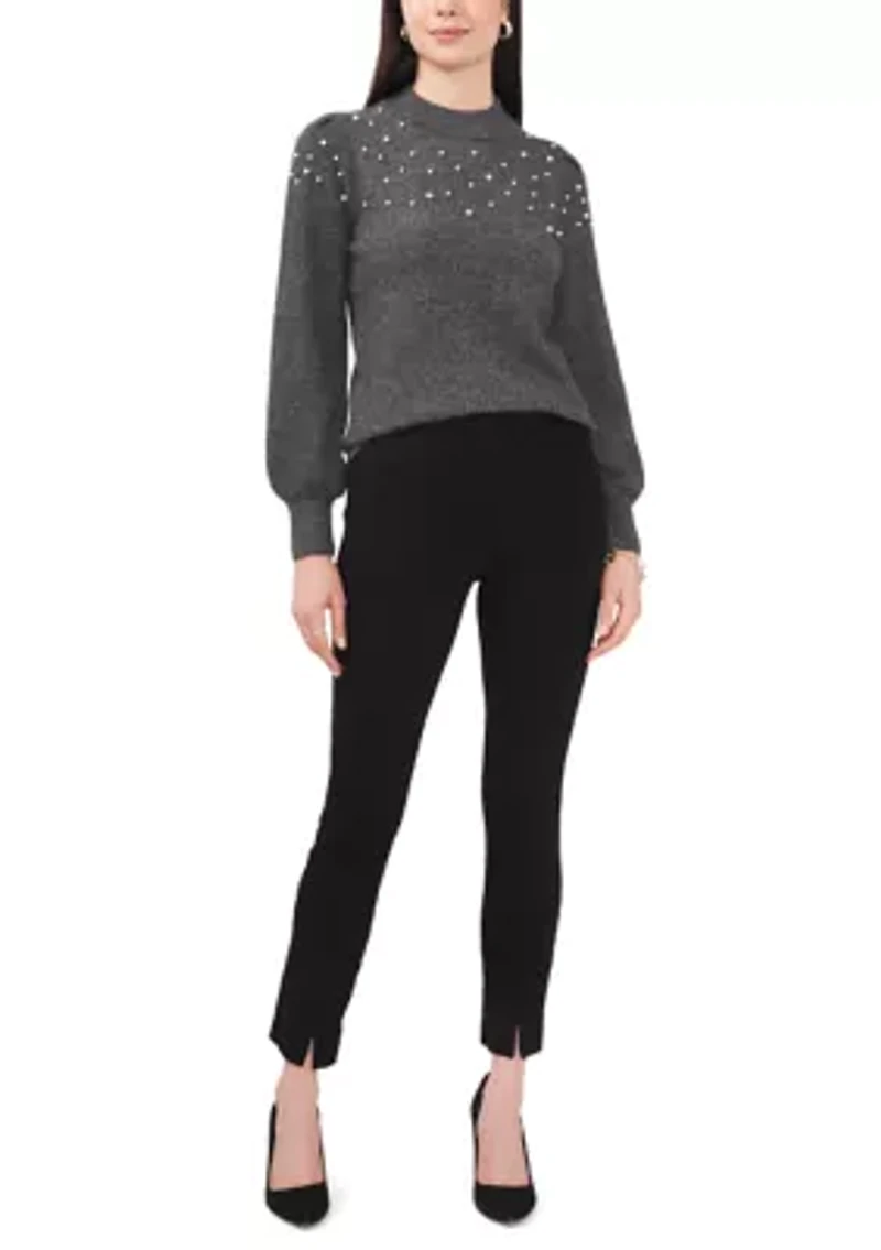 Women's Puff Sleeve Sweater with Pearls