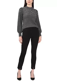 Women's Puff Sleeve Sweater with Pearls