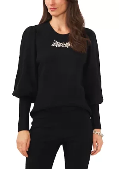 Women's Cozy Balloon Sleeve Top with Brooch