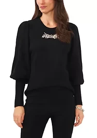 Women's Cozy Balloon Sleeve Top with Brooch