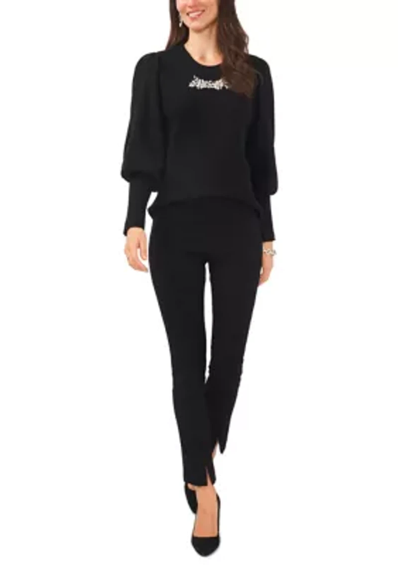 Women's Cozy Balloon Sleeve Top with Brooch