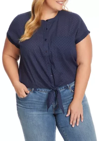 Plus Short Sleeve Tie Button Front Louelle Top
