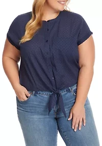 Plus Short Sleeve Tie Button Front Louelle Top