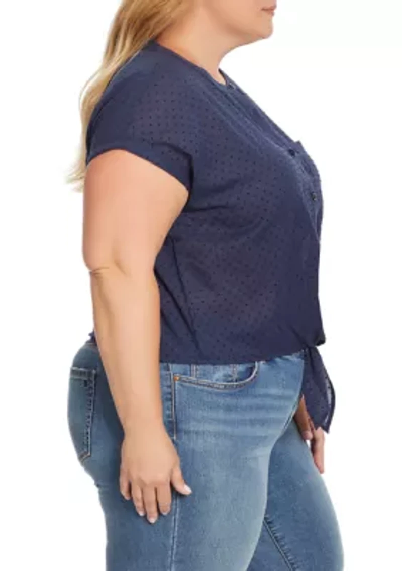 Plus Short Sleeve Tie Button Front Louelle Top