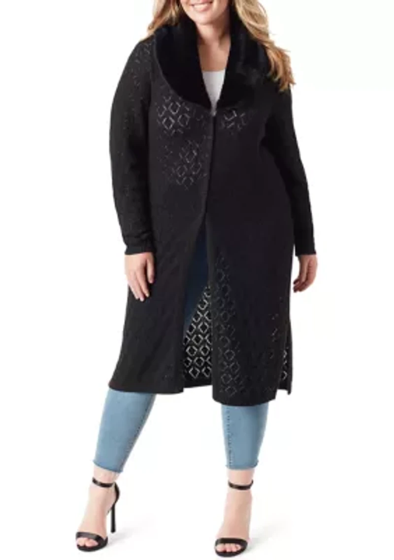 Plus Faux Fur Trim Pointelle Fleur Duster