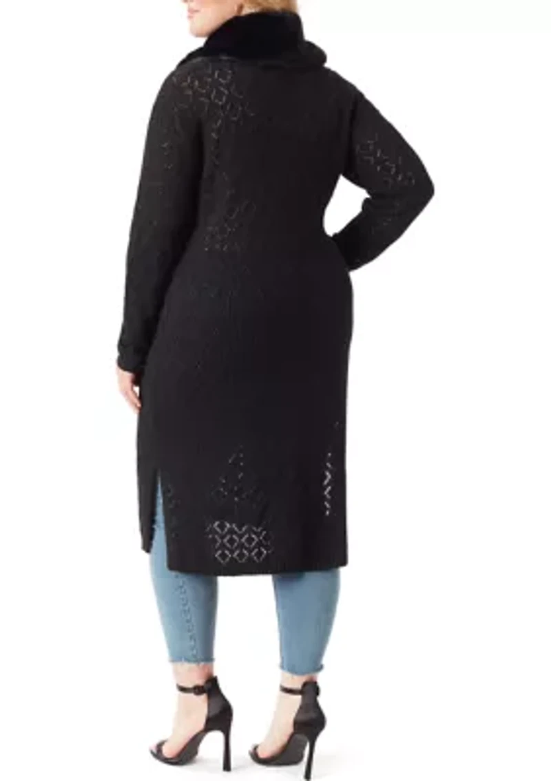 Plus Faux Fur Trim Pointelle Fleur Duster