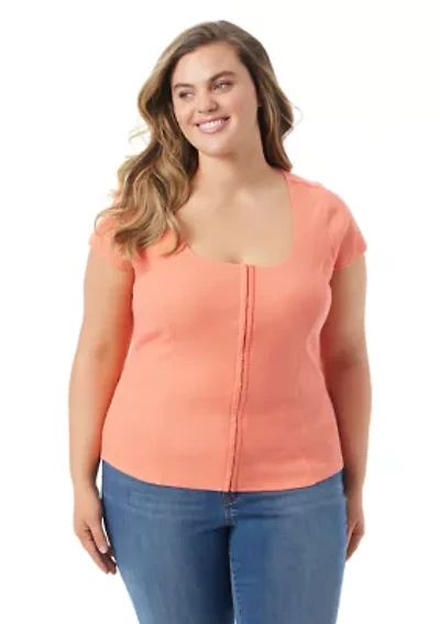 Plus Ribbed Knit Corset Detail Top