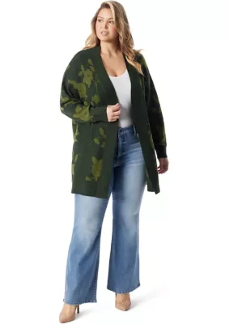 Plus Open Front Jacquard Printed Cardigan