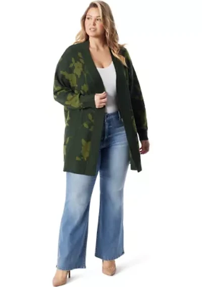 Plus Open Front Jacquard Printed Cardigan