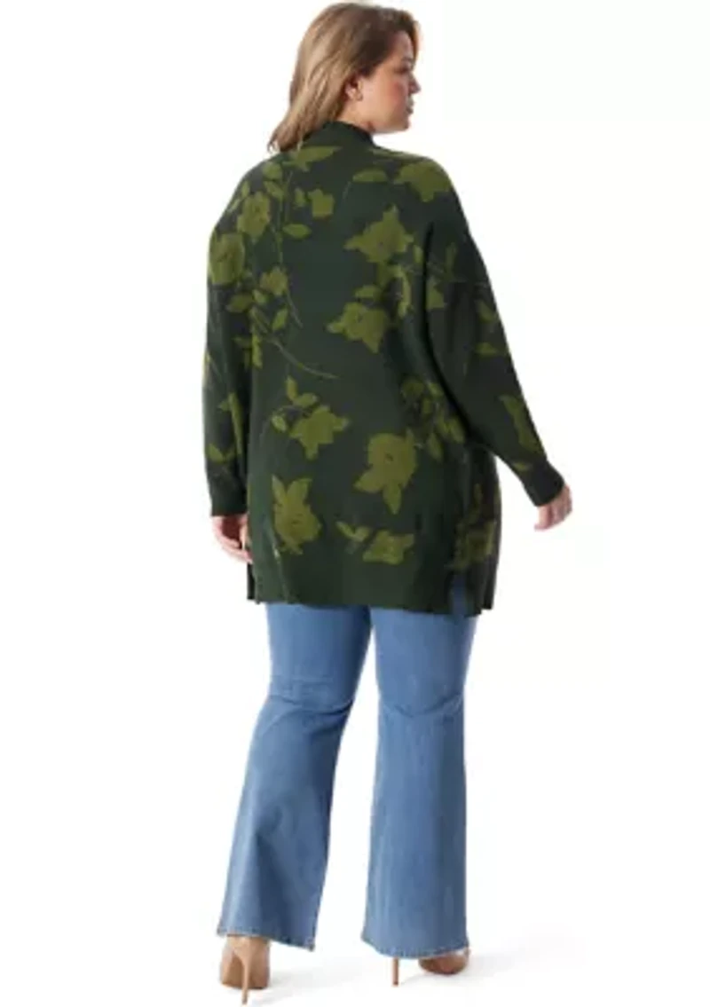 Plus Open Front Jacquard Printed Cardigan