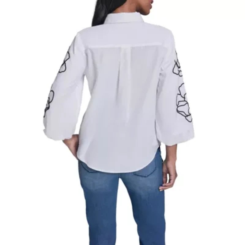 Floral Detail Puff Sleeve Button Down