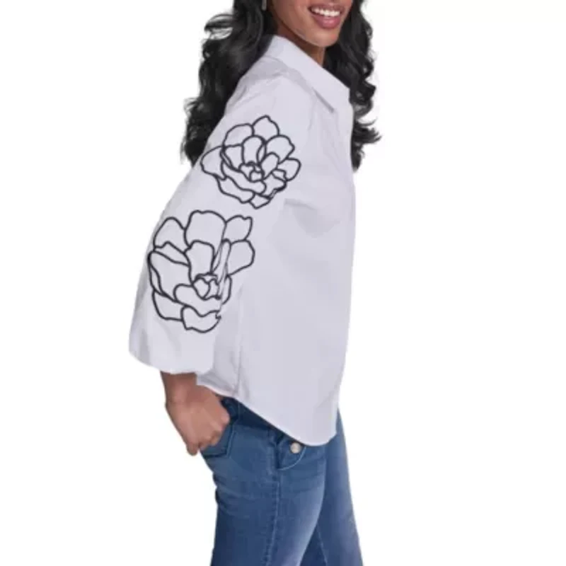 Floral Detail Puff Sleeve Button Down