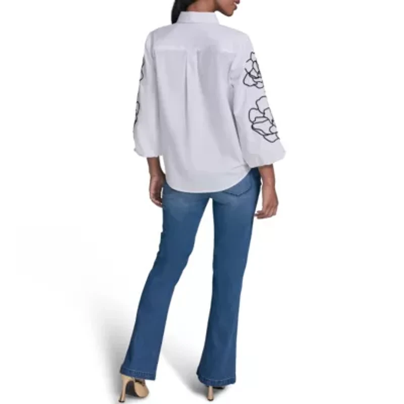 Floral Detail Puff Sleeve Button Down