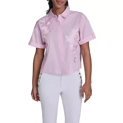 Cropped Floral Embroidery Striped Blouse