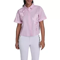 Cropped Floral Embroidery Striped Blouse