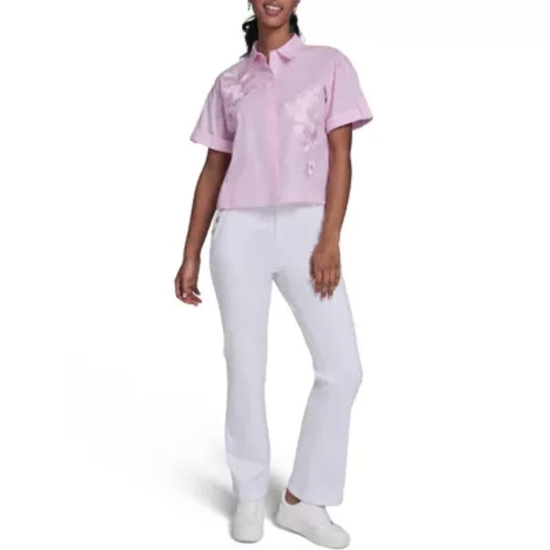 Cropped Floral Embroidery Striped Blouse