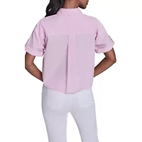 Cropped Floral Embroidery Striped Blouse