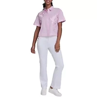 Cropped Floral Embroidery Striped Blouse