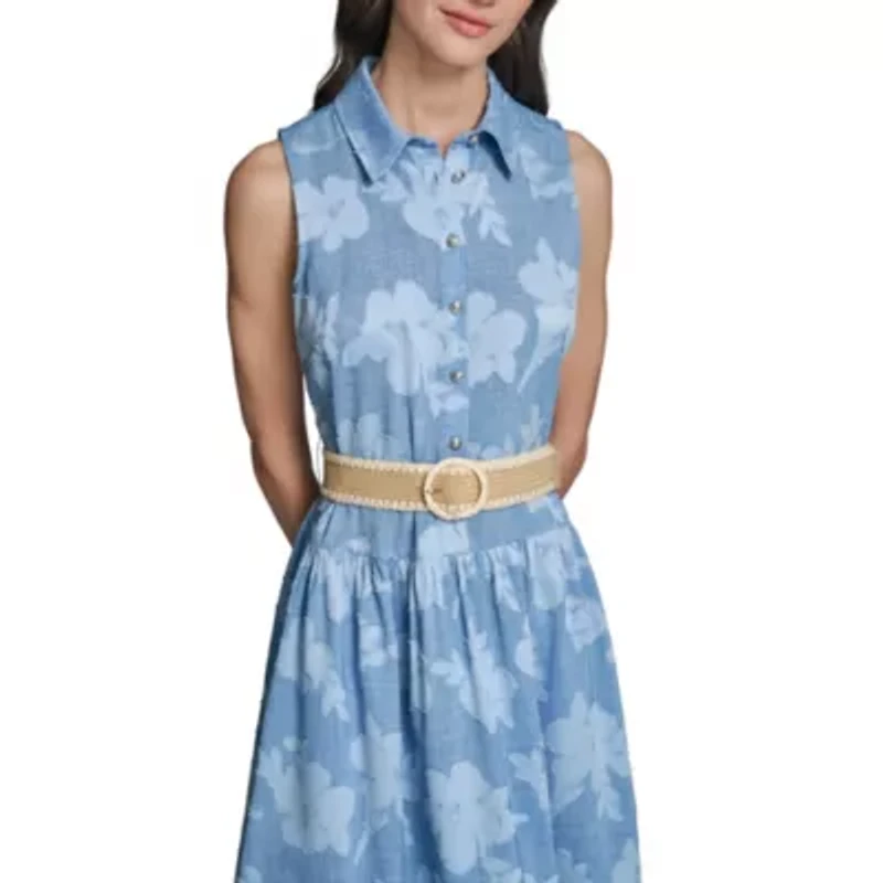 Sleeveless Floral Dress with Belt