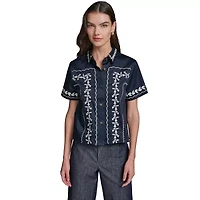 Floral Embroidery Short Sleeve Button Down